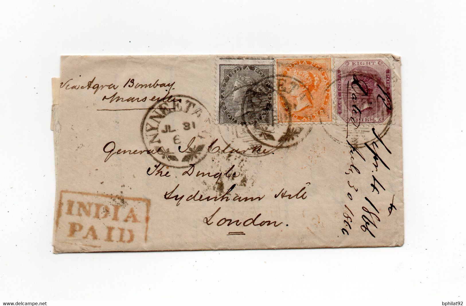 !!! INDE ANGLAISE, LETTRE DE NYNEETALL DE 1866 POUR LONDRES, AVEC TEXTE, AFFRANCH TRICOLORE. ARCHIVE CLARKE - 1858-79 Compañia Británica Y Gobierno De La Reina