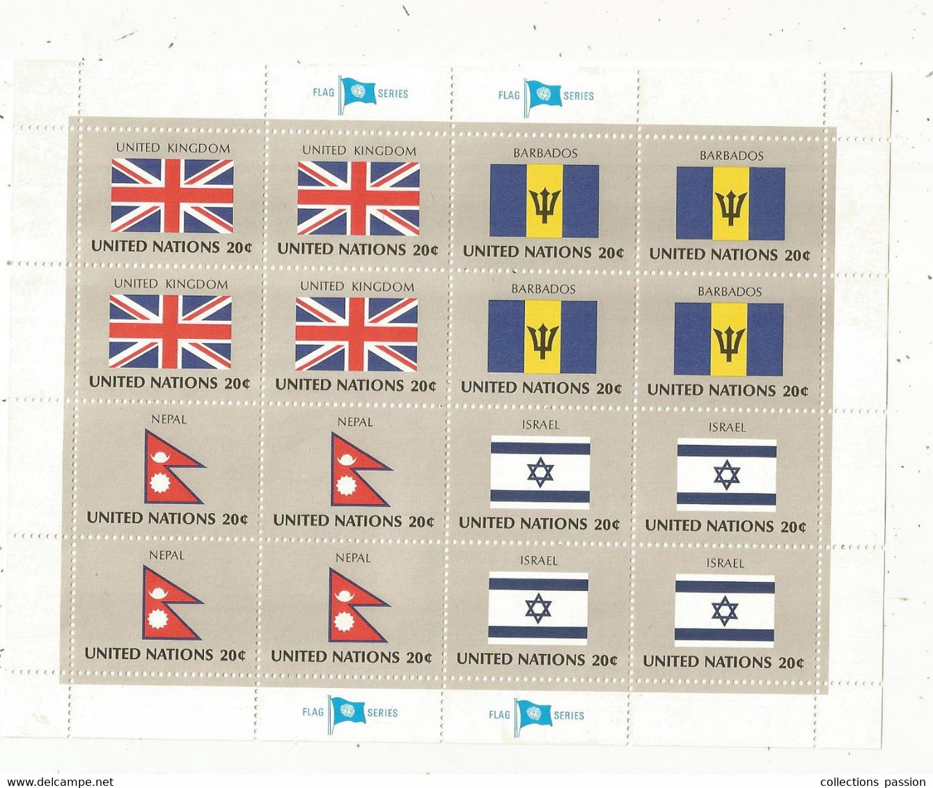 Timbre Neuf,UNITED NATIONS, Flag Series, United Kingdom, Barbados, Nepal, Israel, BLOC DE 16 TIMBRES , Frais Fr 1.75 E - Colecciones & Series