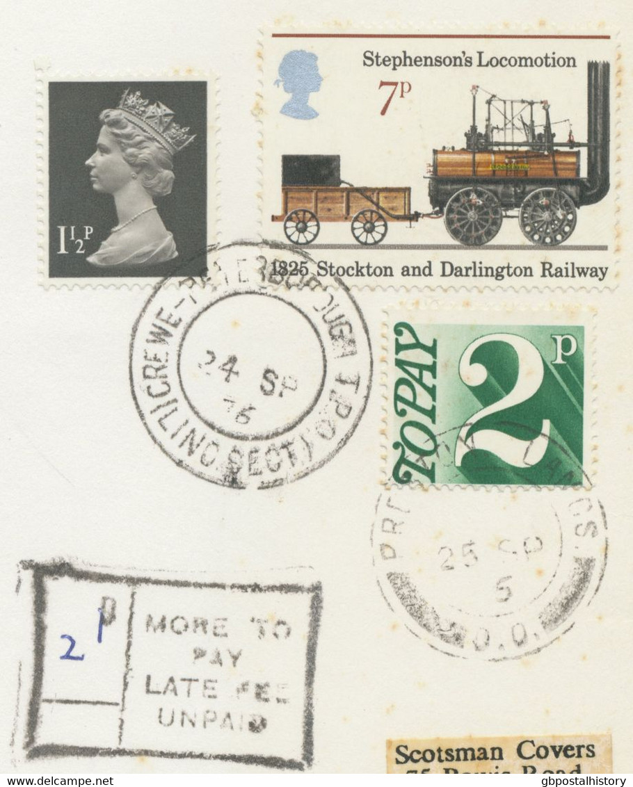 GB 1976 Cover W Machin 1 ½ P And Locomotive 7 P Tied By TPO CDS Double Cirlce „CREWE – PETERBOROUGH T.P.O. (LINC SECT)“ - Brieven En Documenten