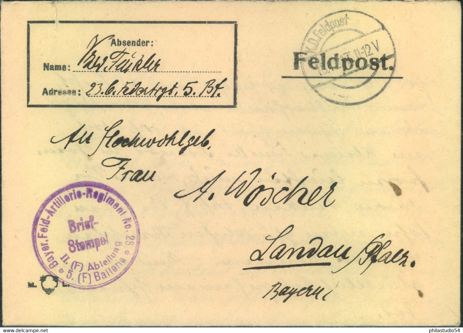 1917, Feldpostbrief "Bayer, Feld-Artillerie-Regimant - Storia Postale