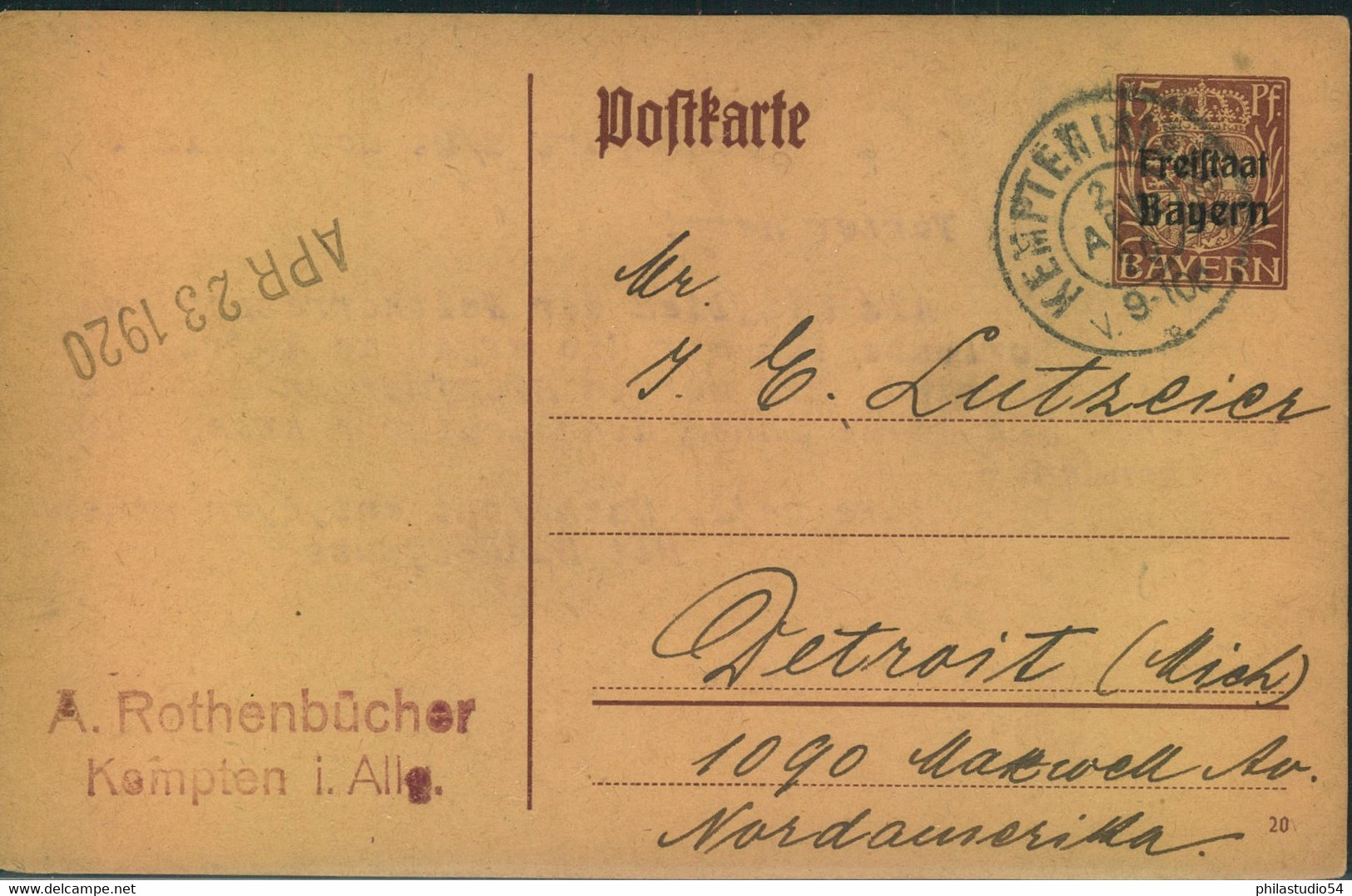 1920,  GSK 15 Pfg. "Freistaat Von "KEMPTEN ALLGÄU " Nach Detroit, USA. - Enteros Postales