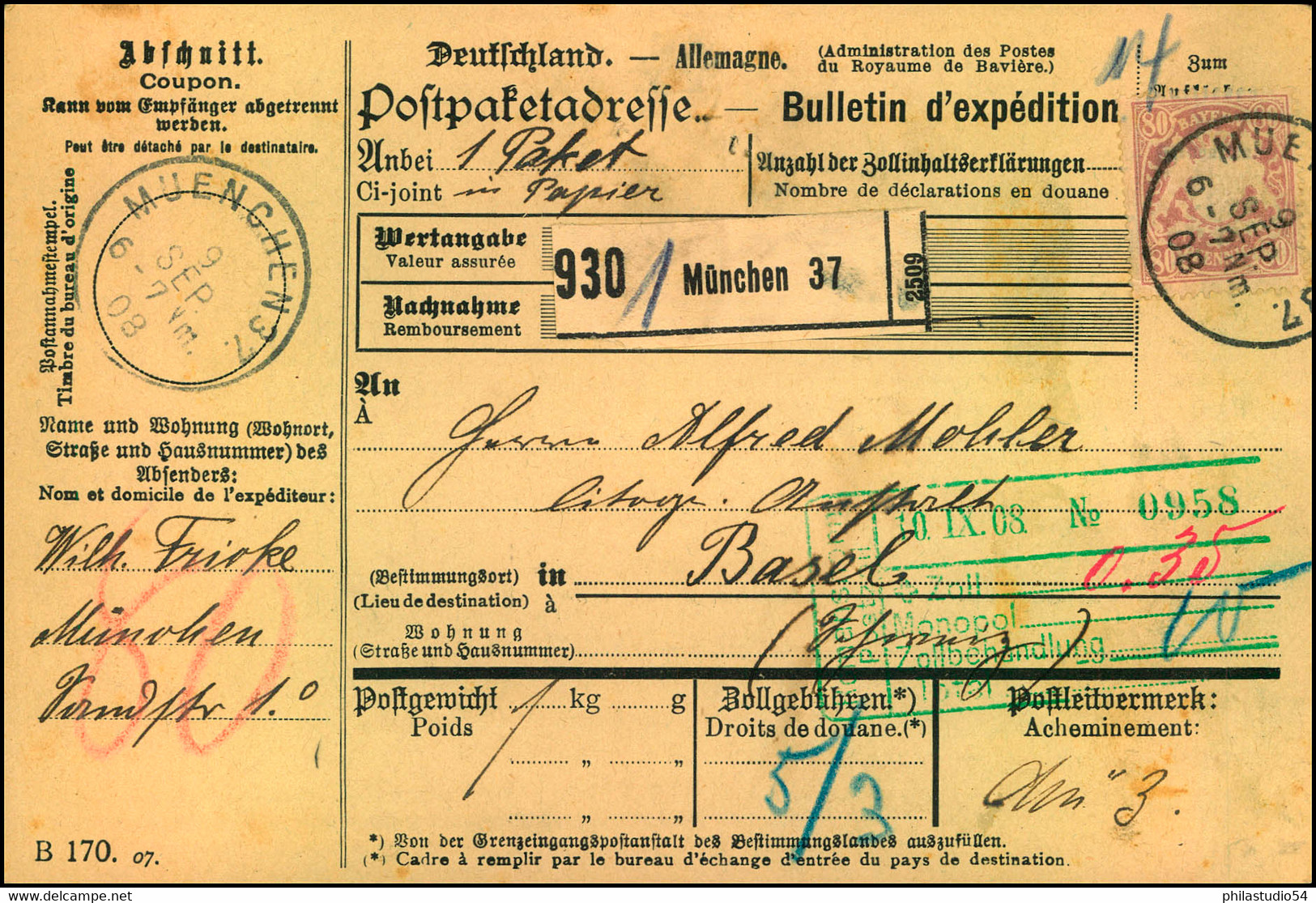1908: Paketkarte Mit EF 80 Pfg. Wappen Ab MÜNCHEN 37 Nach Basel. Kleines Loch. - Cartas & Documentos