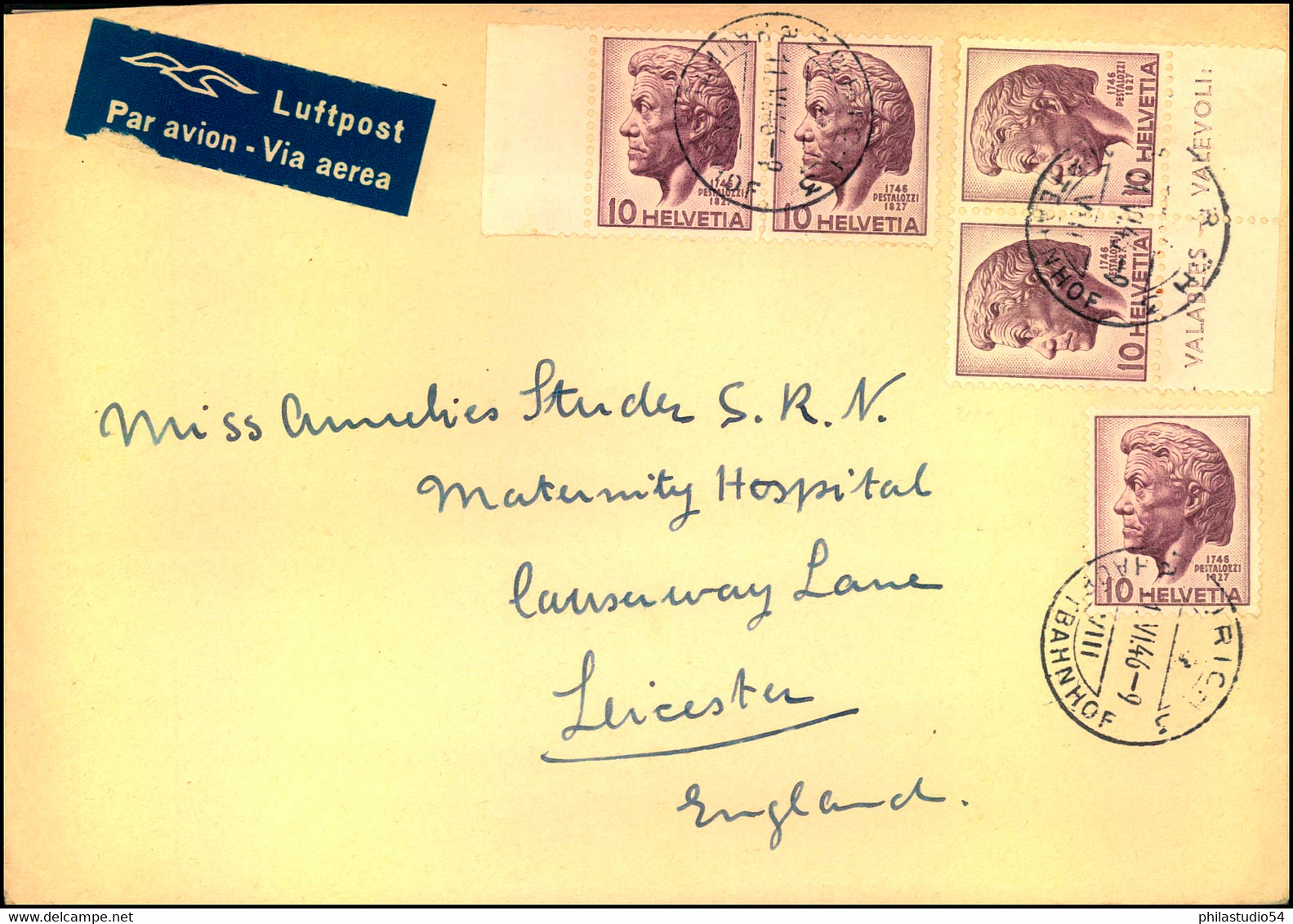 1946, 10 Rp. Pestalozzi 5-mal Auf Luftpostbrief Von ZÜRICH Nach London - Other & Unclassified