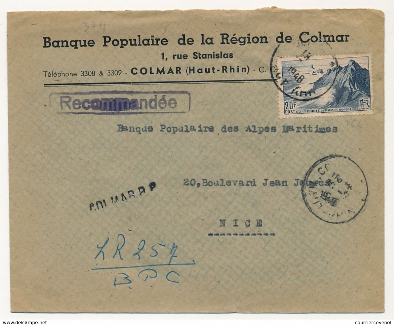 FRANCE - Env. Affr 20F Pointe Du Raz - Recommandé Provisoire De Colmar R.P. 1948 - Lettres & Documents