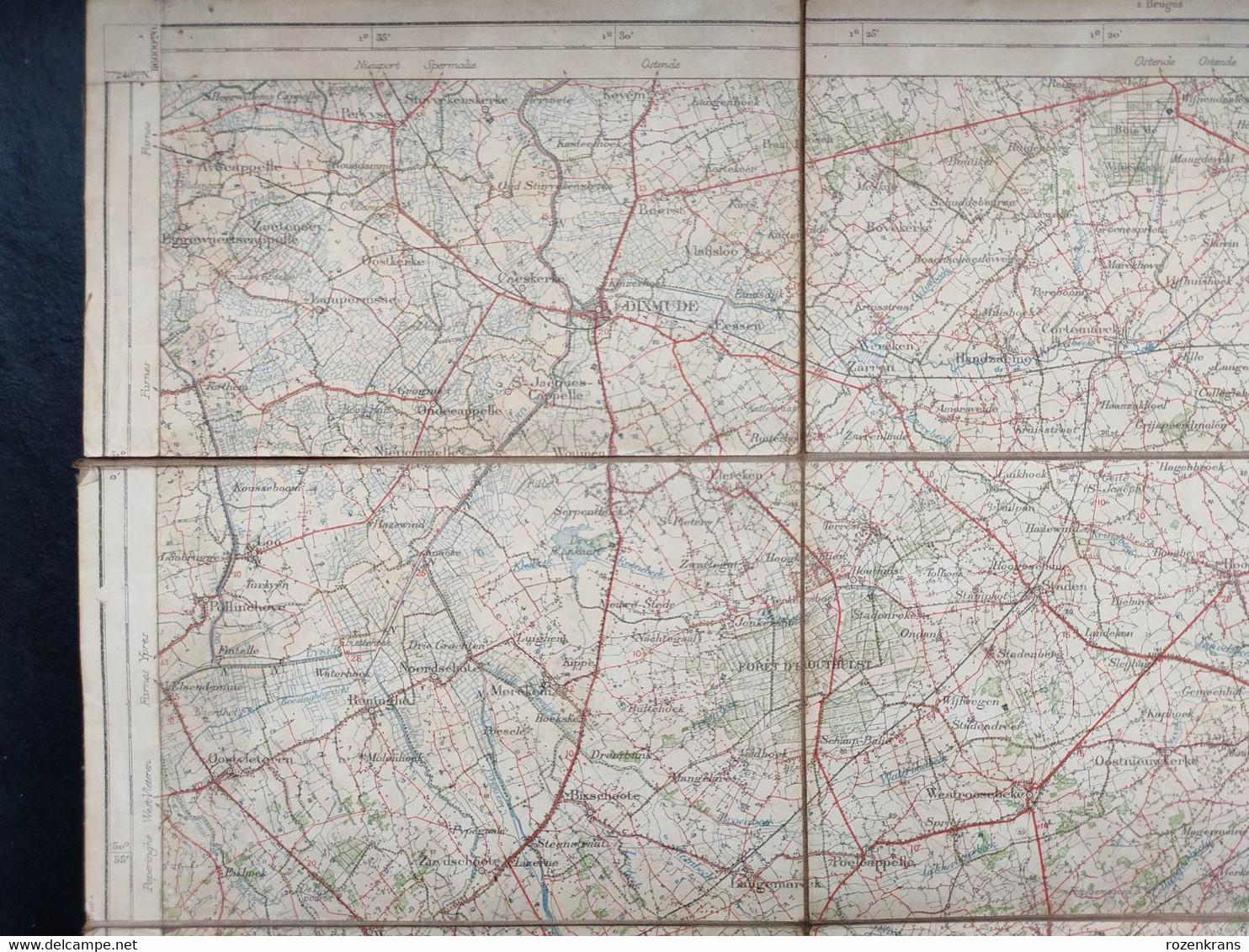 Topografische en militaire kaart STAFKAART 1912 Kortrijk Ieper Diksmuide Roeselare Zonnebeke Passendale Langemark Tielt