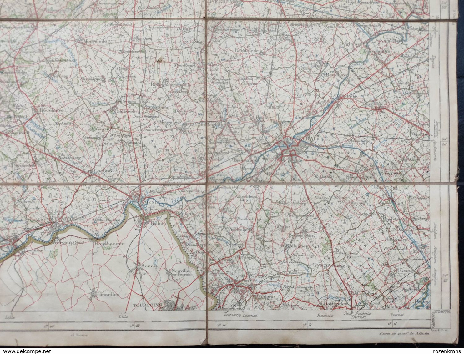 Topografische en militaire kaart STAFKAART 1912 Kortrijk Ieper Diksmuide Roeselare Zonnebeke Passendale Langemark Tielt