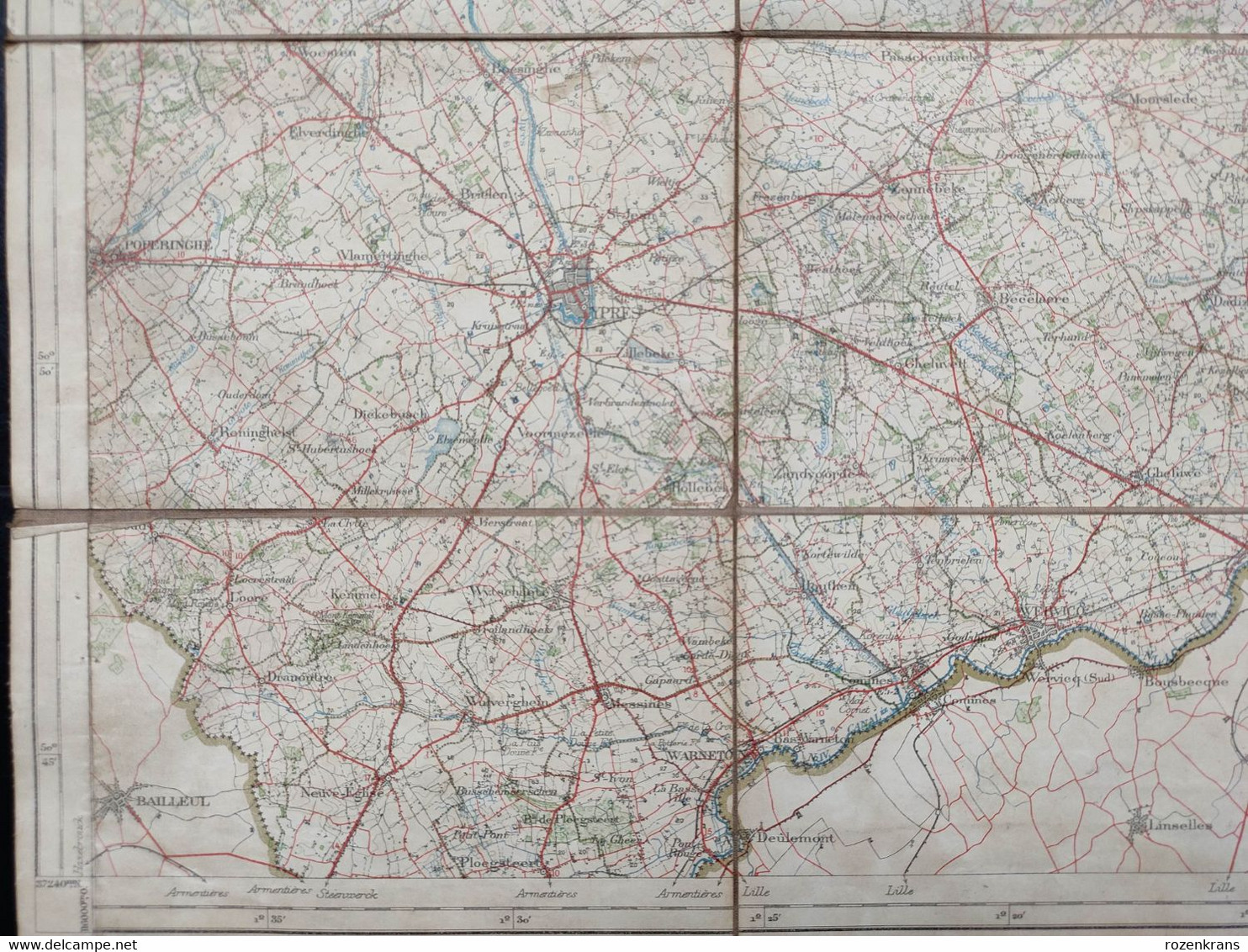 Topografische en militaire kaart STAFKAART 1912 Kortrijk Ieper Diksmuide Roeselare Zonnebeke Passendale Langemark Tielt