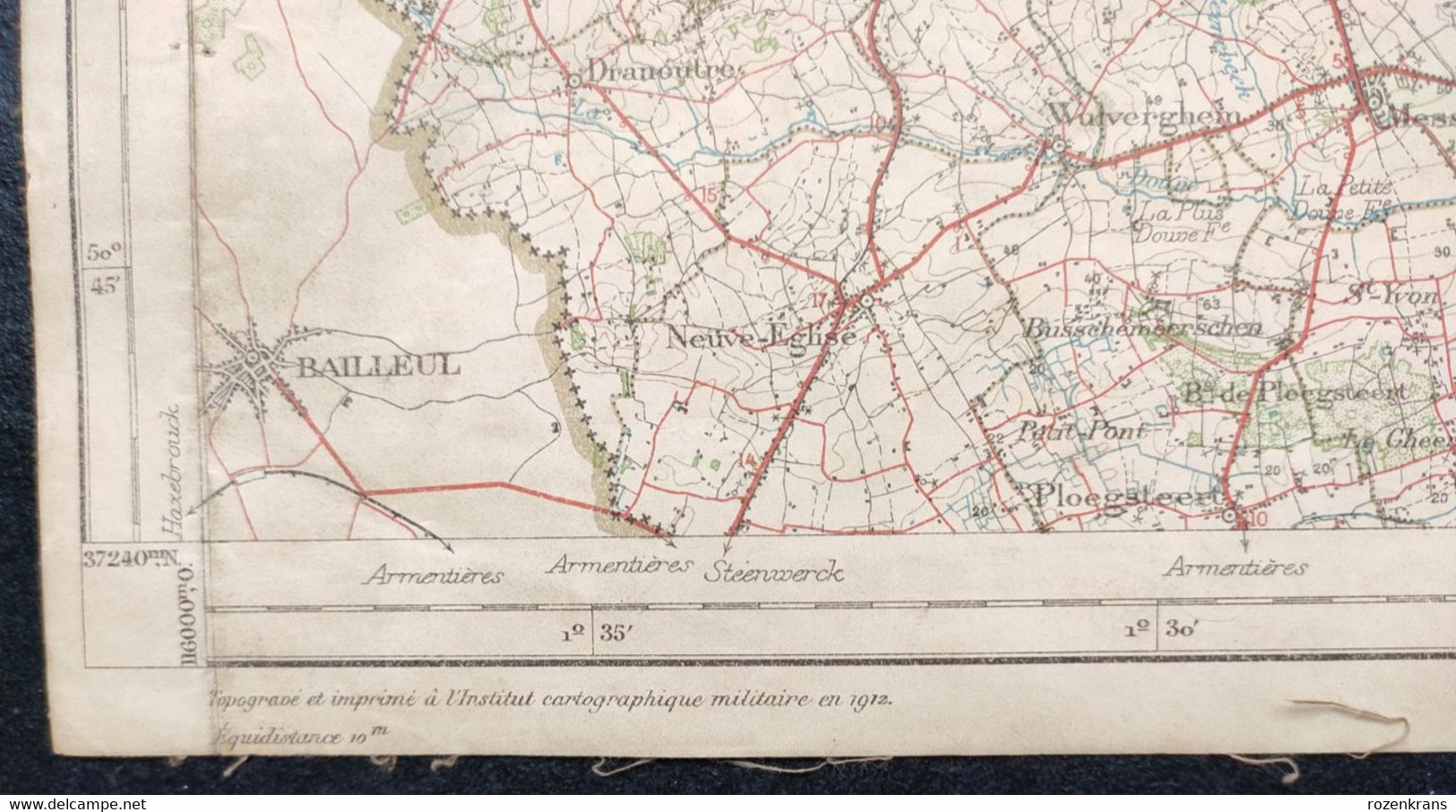 Topografische en militaire kaart STAFKAART 1912 Kortrijk Ieper Diksmuide Roeselare Zonnebeke Passendale Langemark Tielt