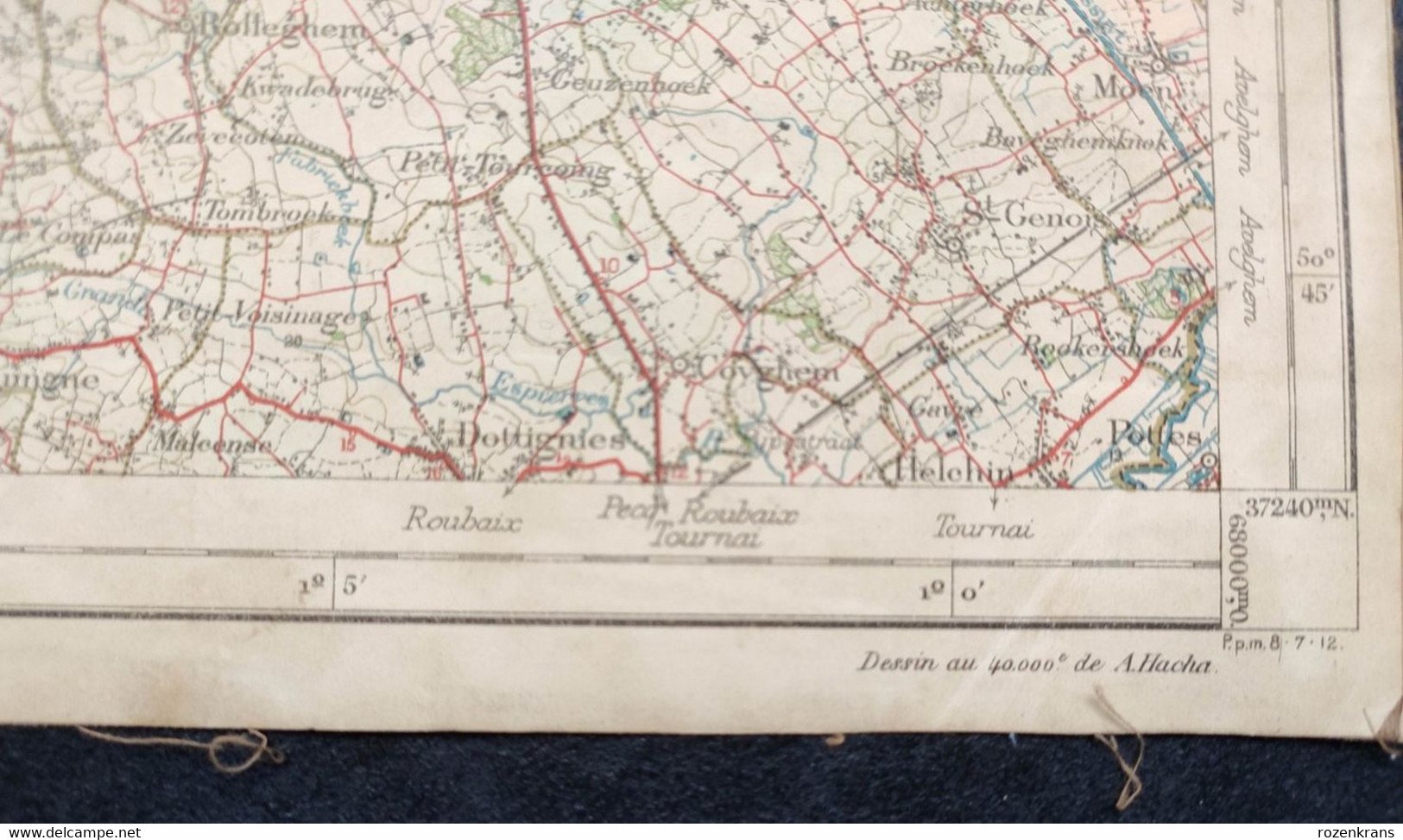 Topografische en militaire kaart STAFKAART 1912 Kortrijk Ieper Diksmuide Roeselare Zonnebeke Passendale Langemark Tielt