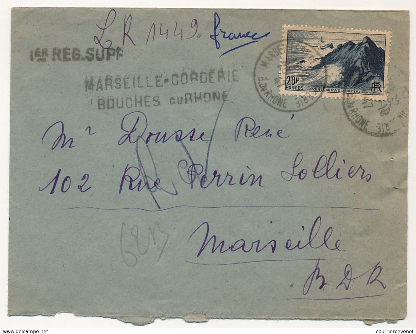 FRANCE - Env. Affr 20F Pointe Du Raz - Recommandé Provisoire De Marseille Corderie (1er Reg. Supp) - 1947 - Covers & Documents