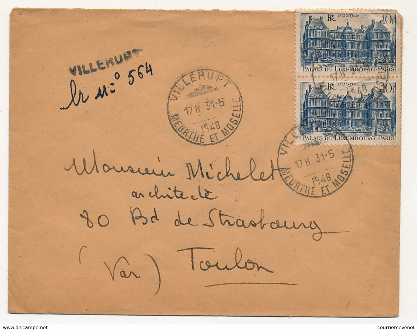 FRANCE - Env Affr 10F Luxembourg X2 , Rec Provisoire De VILLERUPT (Meurthe Et Moselle) 1948 - Lettres & Documents