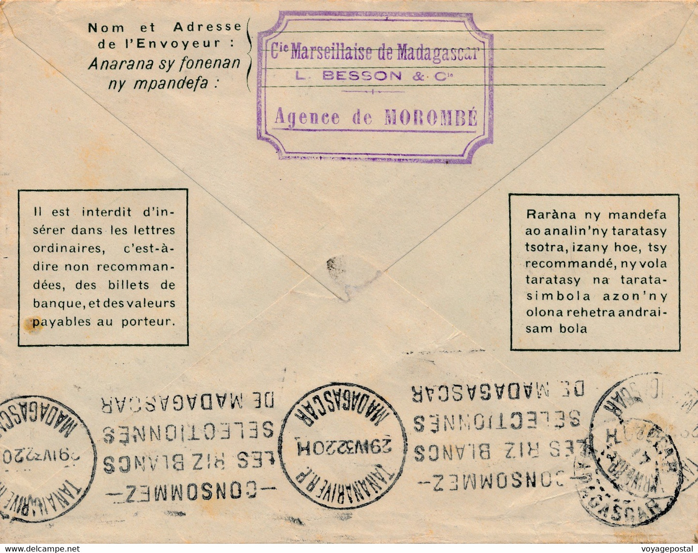 LETTRE TSF ENTIER POSTAL MOROMBE MADAGASCAR POUR TANANARIVE - Covers & Documents