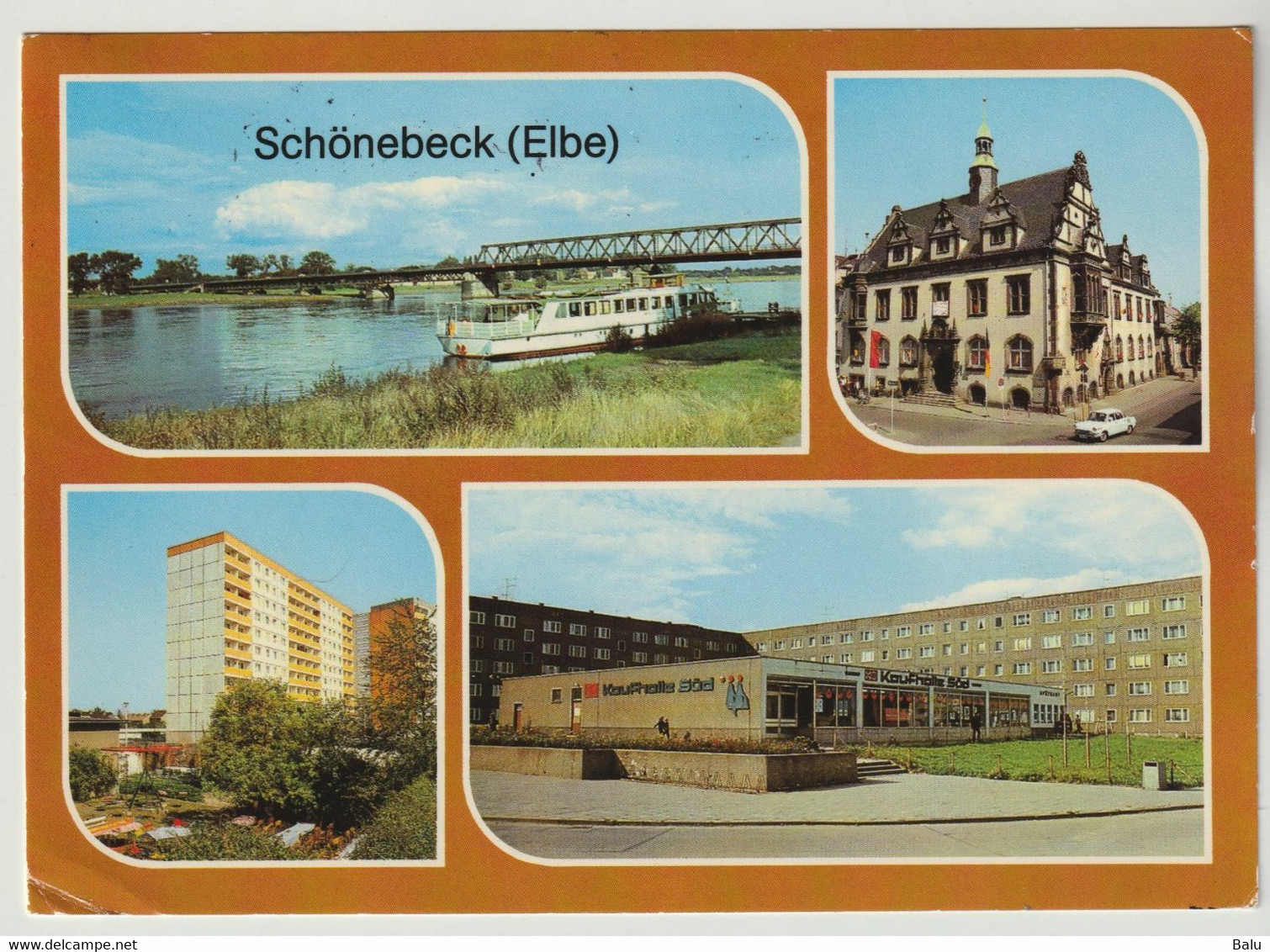 Schönecke Elbe, Ernst-Thälmann-Brücke Rathaus Neubauten Kaufhalle MBK 1985, Postalisch Gelaufen, 2 Scans - Schoenebeck (Elbe)