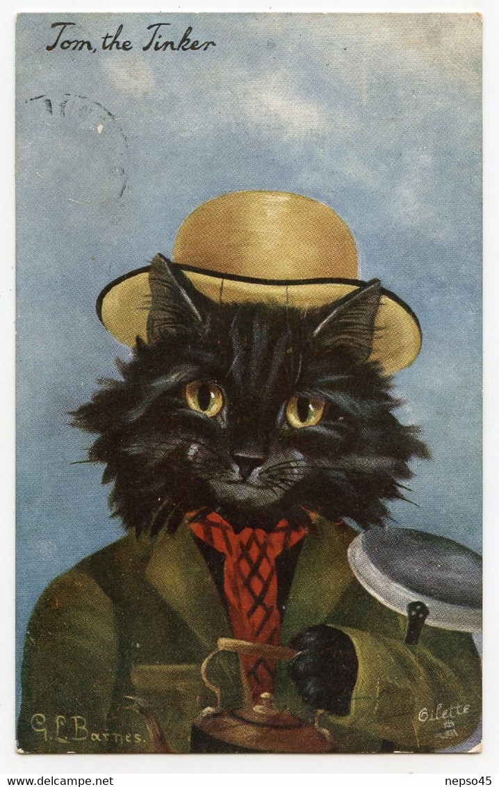 Illustrateur Barnès Oilette.chat Noir Habillé En Costume Cravate Et Chapeau Melon. - Gekleidete Tiere