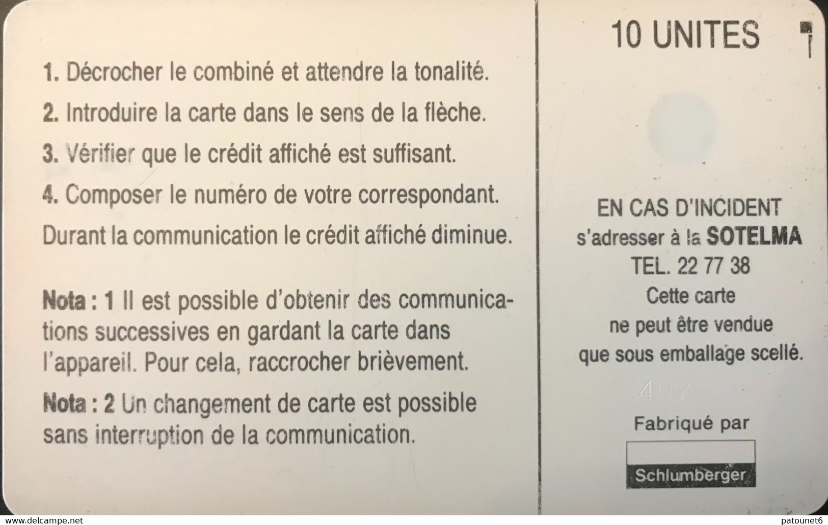 MALI  -   Phonecard  -  SOTELMA  -  SC4 ON (S/E) - AFNOR -   Noir  - 10 Unités - Mali