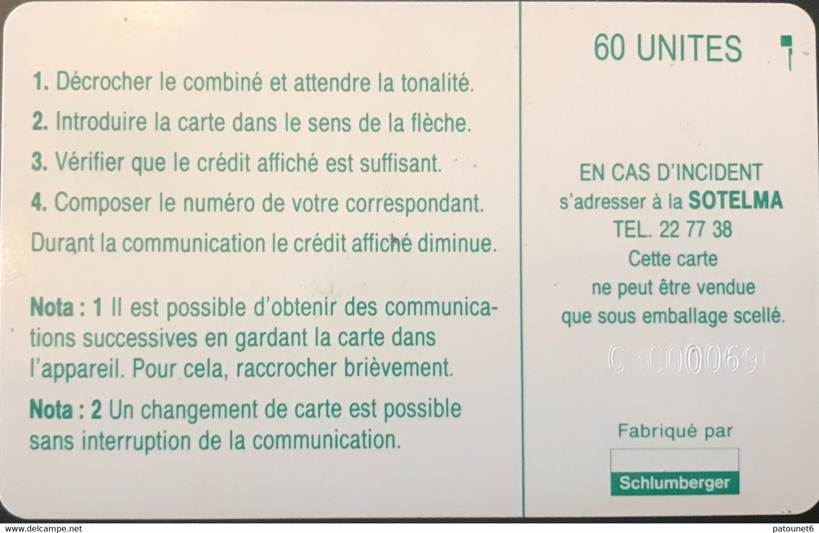 MALI  -   Phonecard  -  SOTELMA  -  SC5 ON (S/E) -  Vert  -  60 Unités - Malí