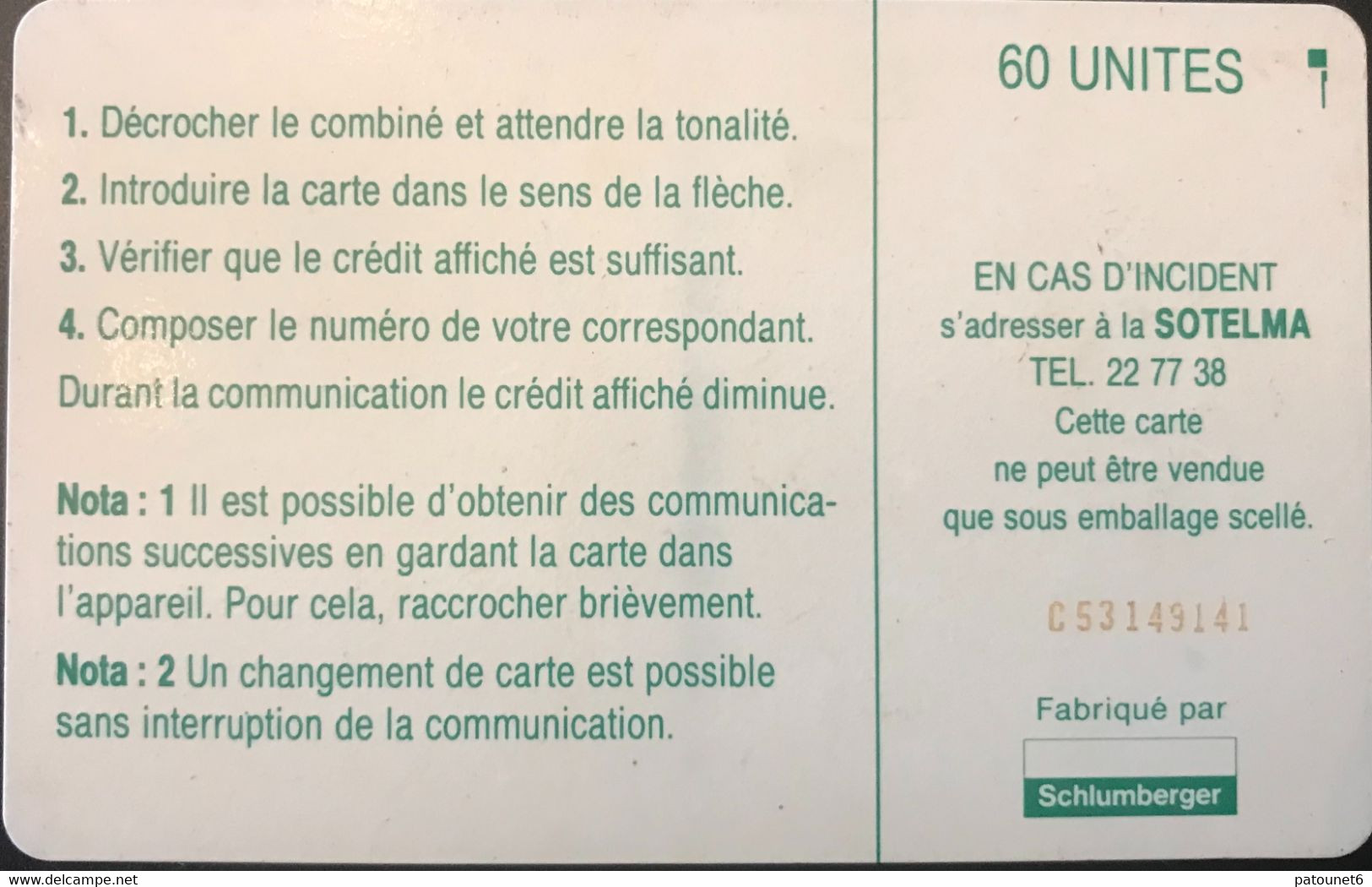 MALI  -   Phonecard  -  SOTELMA  -  SC7 -  Vert  -  60 Unités - Malí