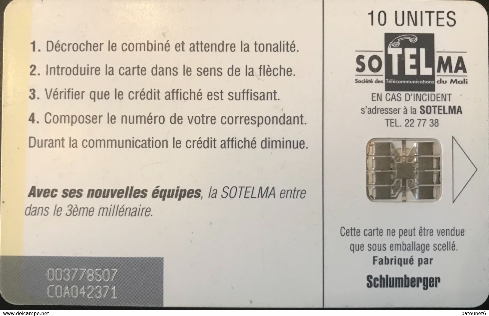 MALI  -  Phonecard  -  SOTELMA  -  Agence Baco Djicoroni  -  10 Unités - Malí
