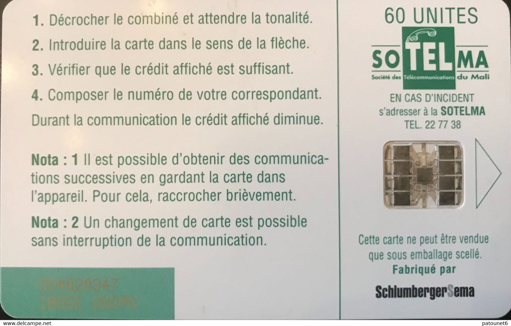 MALI  -  Phonecard  -  SOTELMA  - SC7  - Antenne Sullymanbougou -  60 Unités - Mali