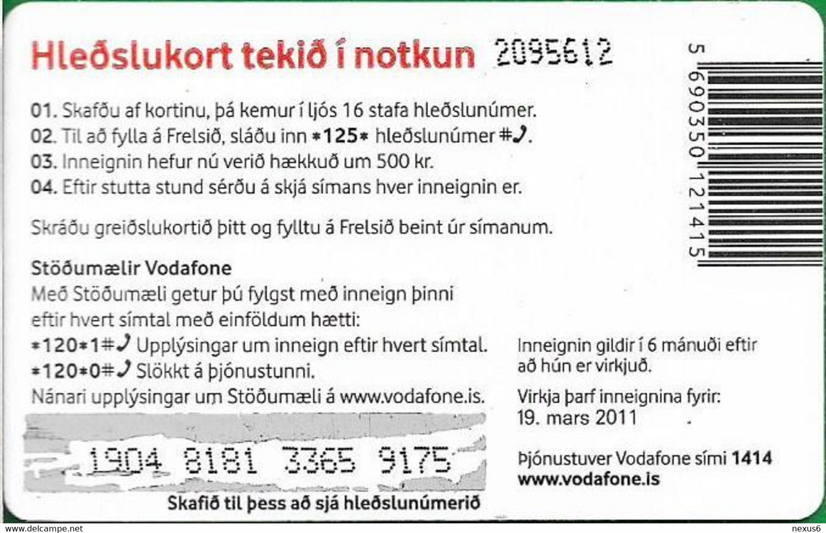 Iceland - Vodafone - Various Objects (Red), Exp.19.03.2011, GSM Refill 500Kr, Used - Islanda