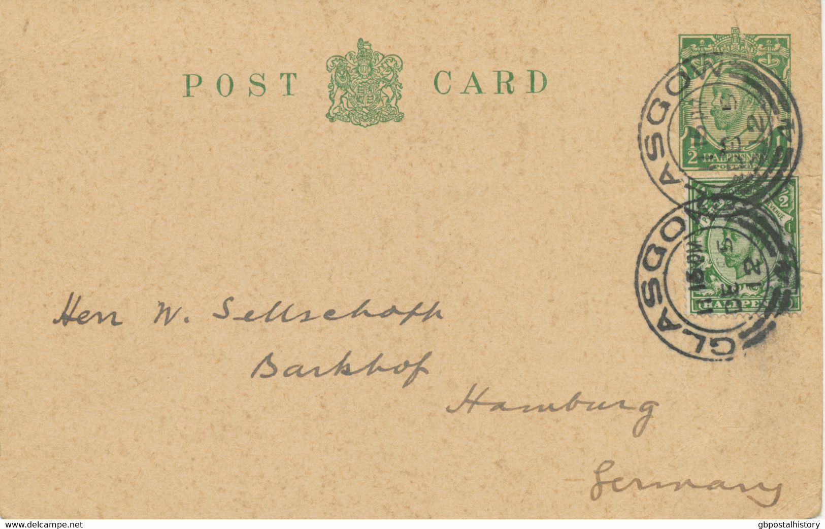 GB „GLASGOW / 4“ SCOTTISH DOUBLE CIRCLES (DOUBLE ARC TYPES 27mm) On Fine Uprated GV 1/2 D Postal Stationery Postcard - Cartas & Documentos