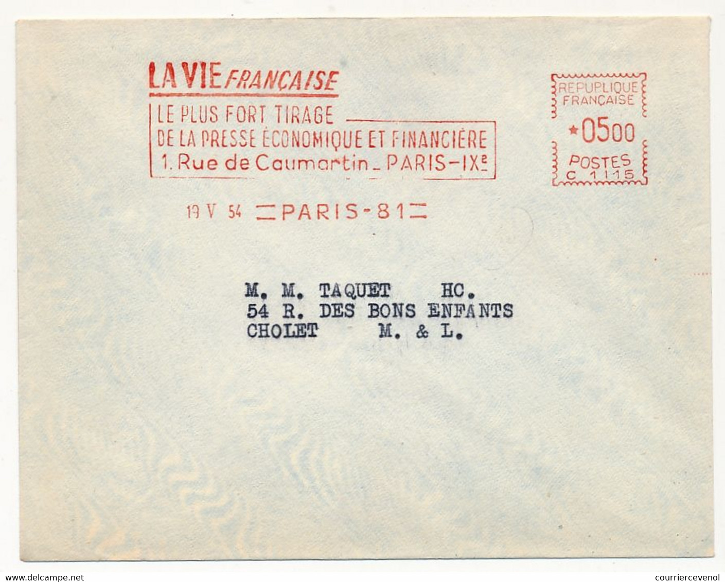 FRANCE - Env. EMA De Paris 81 - 1954 - La Vie Française, Le Plus Fort Tirage De La Presse économique Et Financière - EMA (Printer Machine)