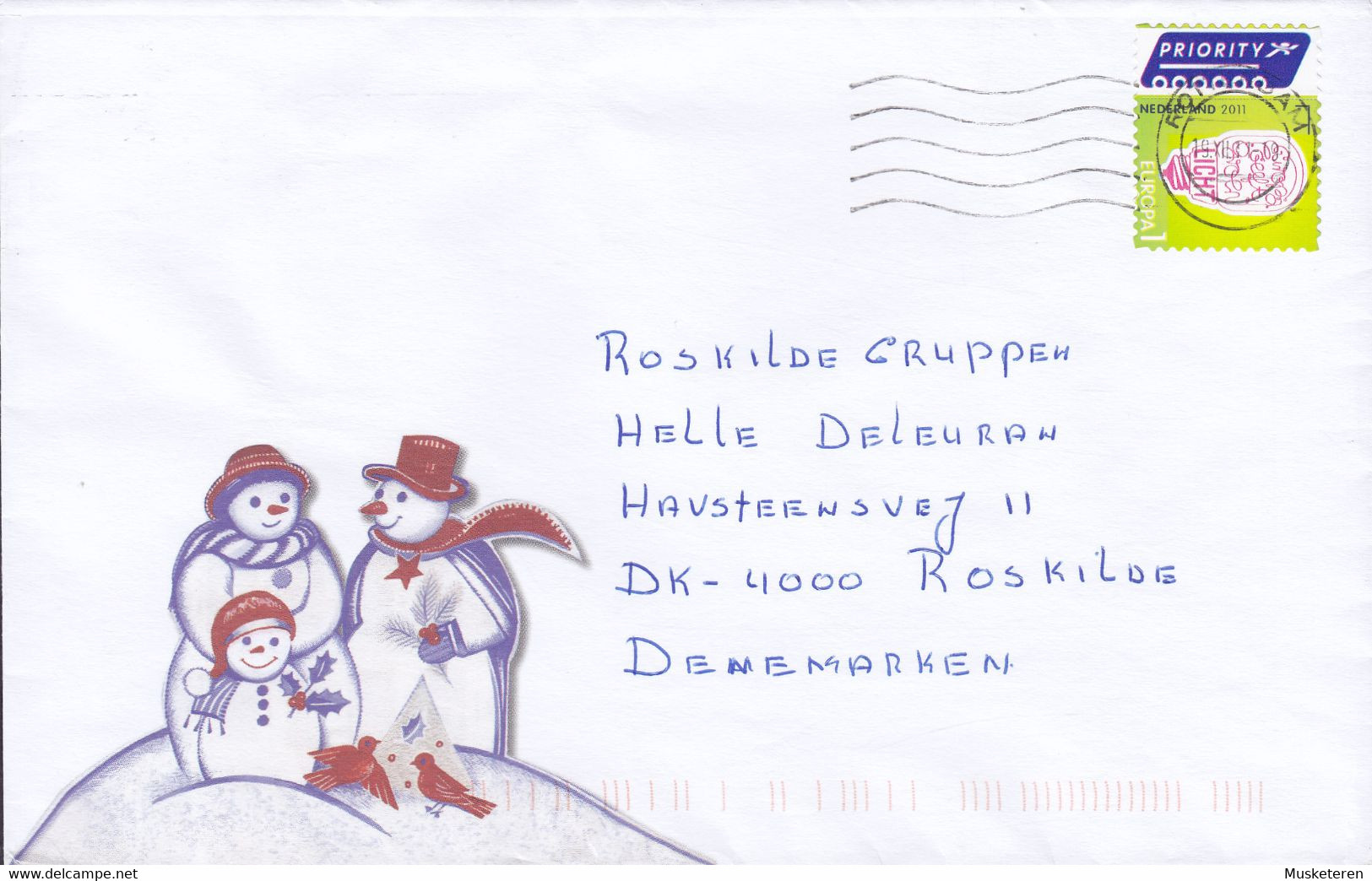 Netherlands PRIORITY Label ROTTERDAM 2011 Cover Brief ROSKILDE FESTIVAL Denmark Snowman Family Cachet Light Bulp - Storia Postale