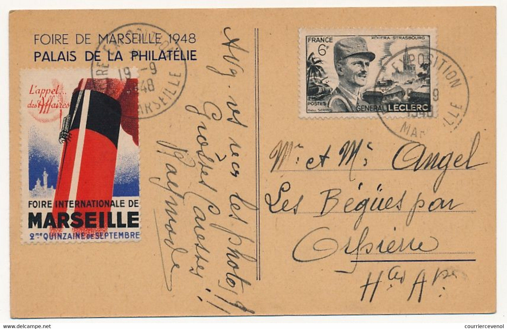 Vignette "Foire Internationale De Marseille" 1948 Sur CP Commémorative Affr. 6F Leclerc, Oblit Temporaire Idem - Autres & Non Classés