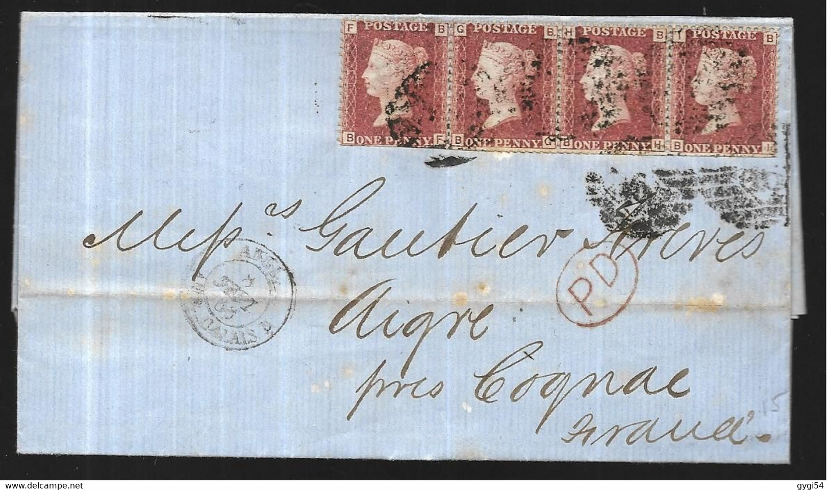 Grande Bretagne   Lettre  Du 08 09 1866 De LONDRES Pour Aigre  ( Charente ) Affranchissement Bande De 4 Du N° 26 ( YT ) - Briefe U. Dokumente
