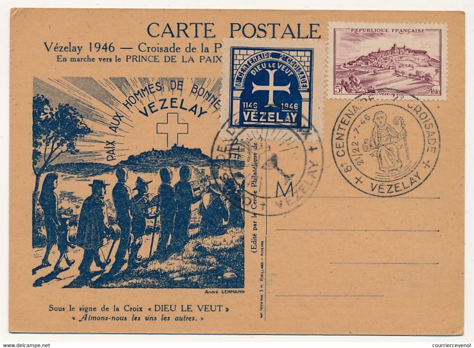 Vignette, CP Et Oblit. Temporaire "VEZELAY 8eme Centenaire 2eme Croisade" 1946 - Other & Unclassified