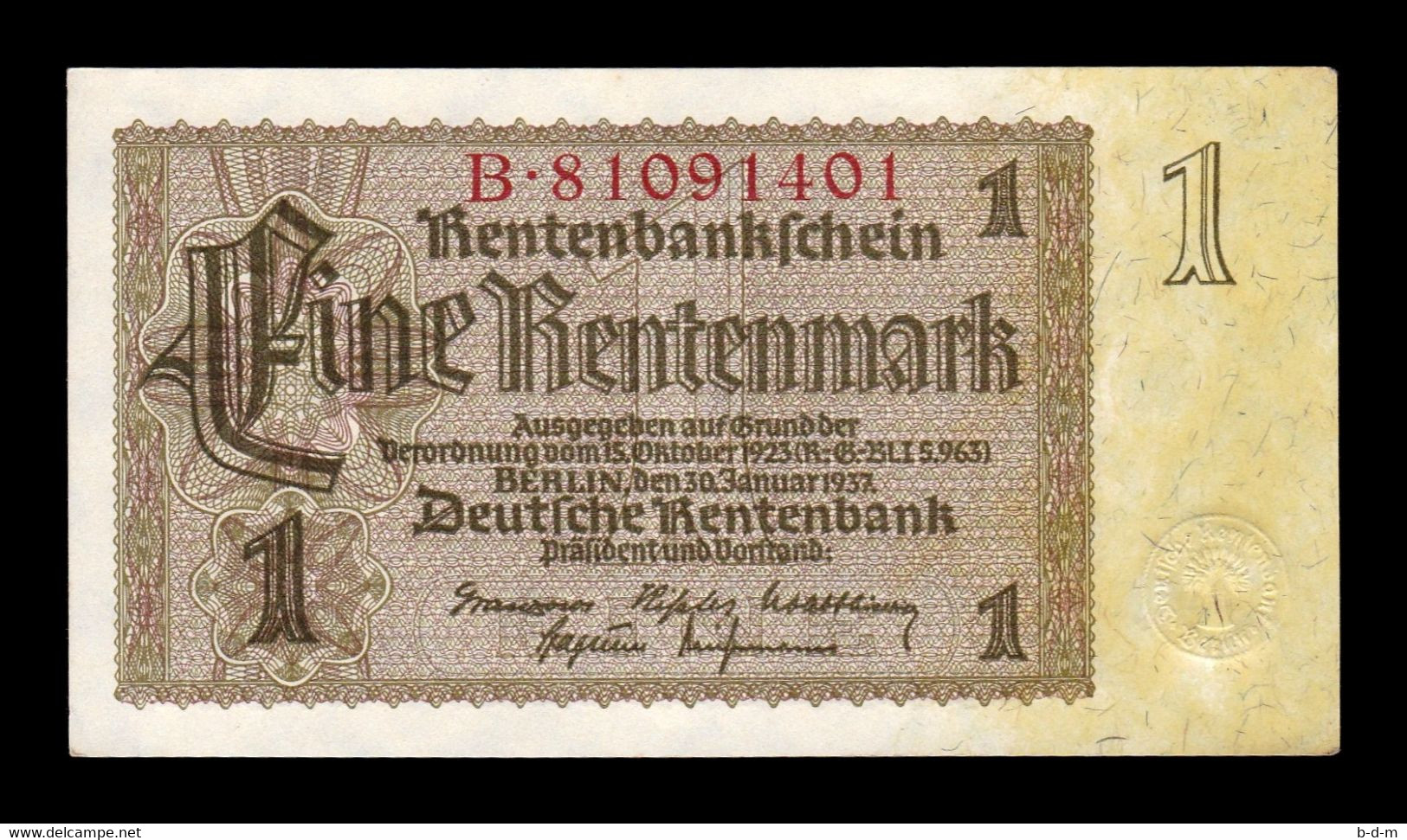 Alemania Germany 1 Rentenmark 1937 Pick 173b Sc- AUnc - 1 Rentenmark