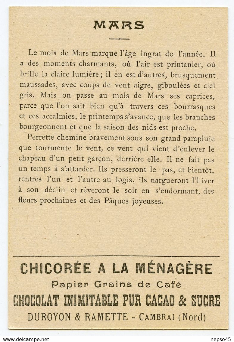 ensemble de 12 chromos.série les douze mois de l'année.chicorée à la ménagère.Chocolat Duroyon & Ramette Cambrai.