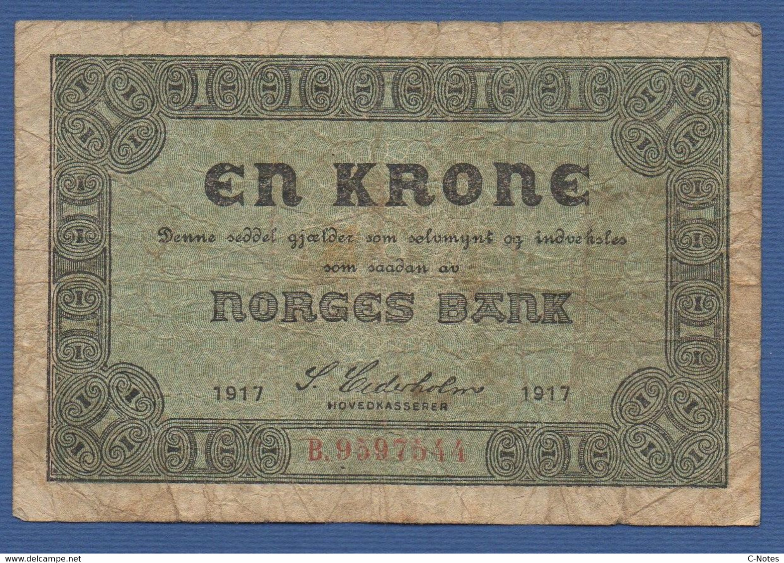 NORWAY - P.13a(2) – 1 Krone 1917 Circulated, Serie B.9597544 - Norvegia