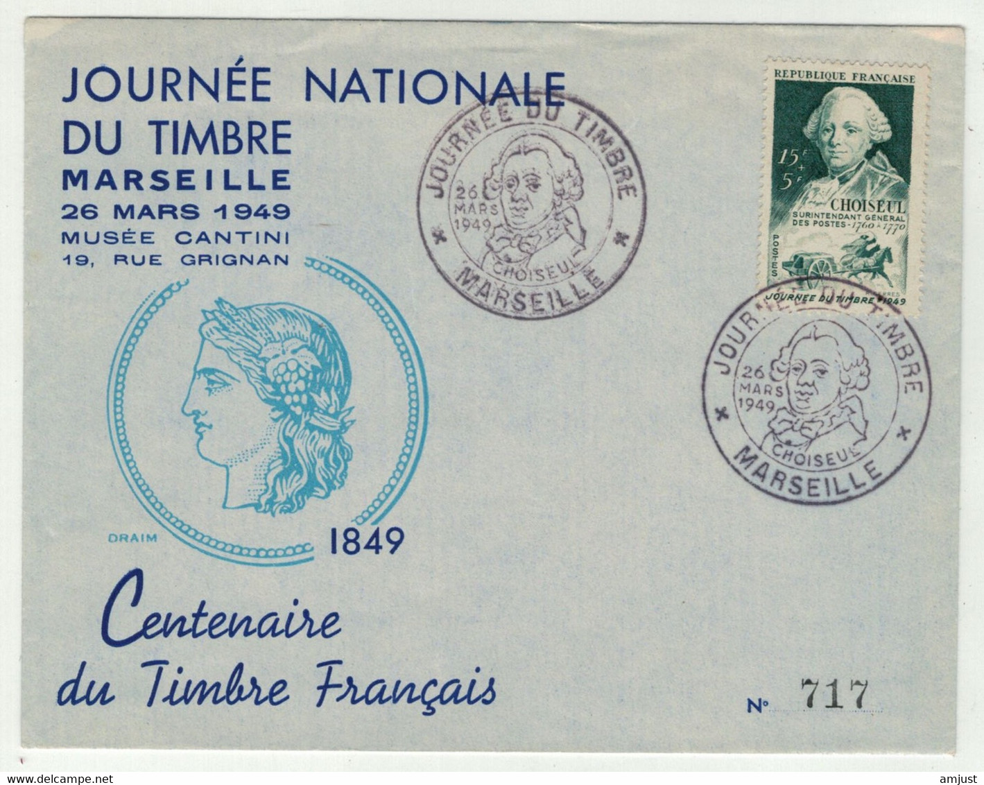 France // 1945-1949 // Lettre Journée Du Timbre à Marseille 1949 (Centenaire Du Timbre Français) - Storia Postale