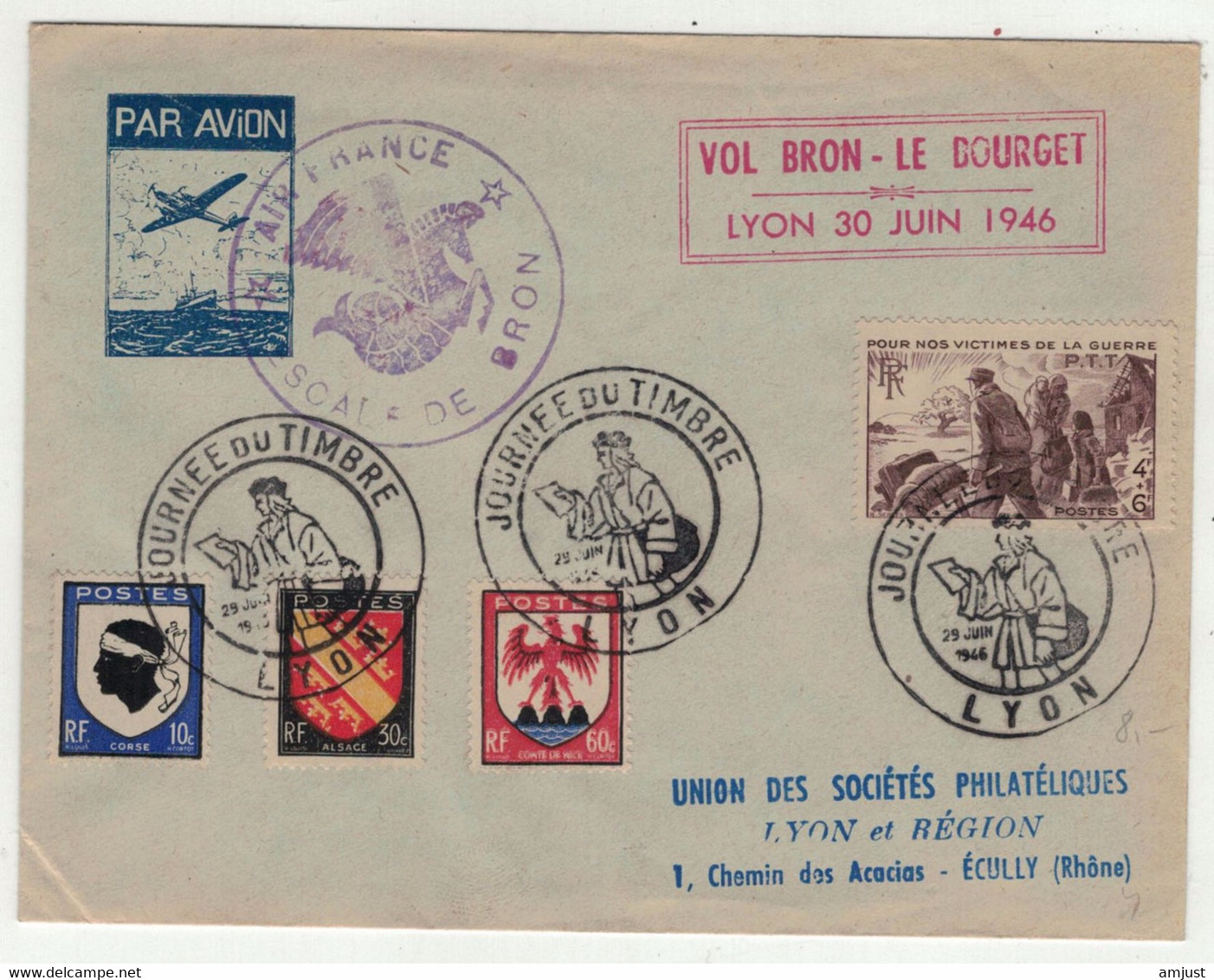 France // Marcophilie // Lettre Journée Du Timbre, Vol Bron-Le Bourget 30 Juin 1946 - 1960-.... Briefe & Dokumente