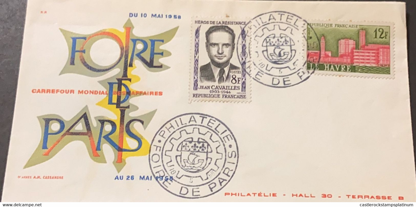 P) 1958 FRANCE, COVER HEROE RESISTENCE CAVAILLES STAMP, RECONSTRUCTION LE HAVRE STAMP, XF - Autres & Non Classés
