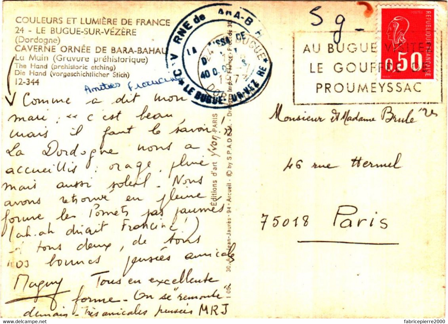 CPM 24 (Dordogne) Le Bugue-sur-Vézère - Caverne Préhistorique Ornée De Bara-Bahau. La Main TBE Tampon + Flamme, 2 Scans - Dolmen & Menhirs