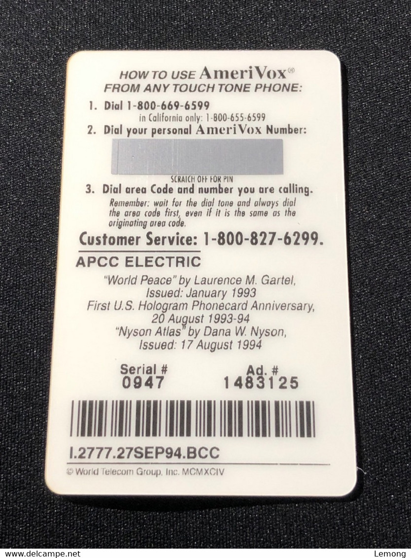 Mint USA UNITED STATES America AMeriVox Prepaid Telecard Phonecard, APCC Collector’s Club ‘Electric’, Set Of 1 Mint Card - Amerivox