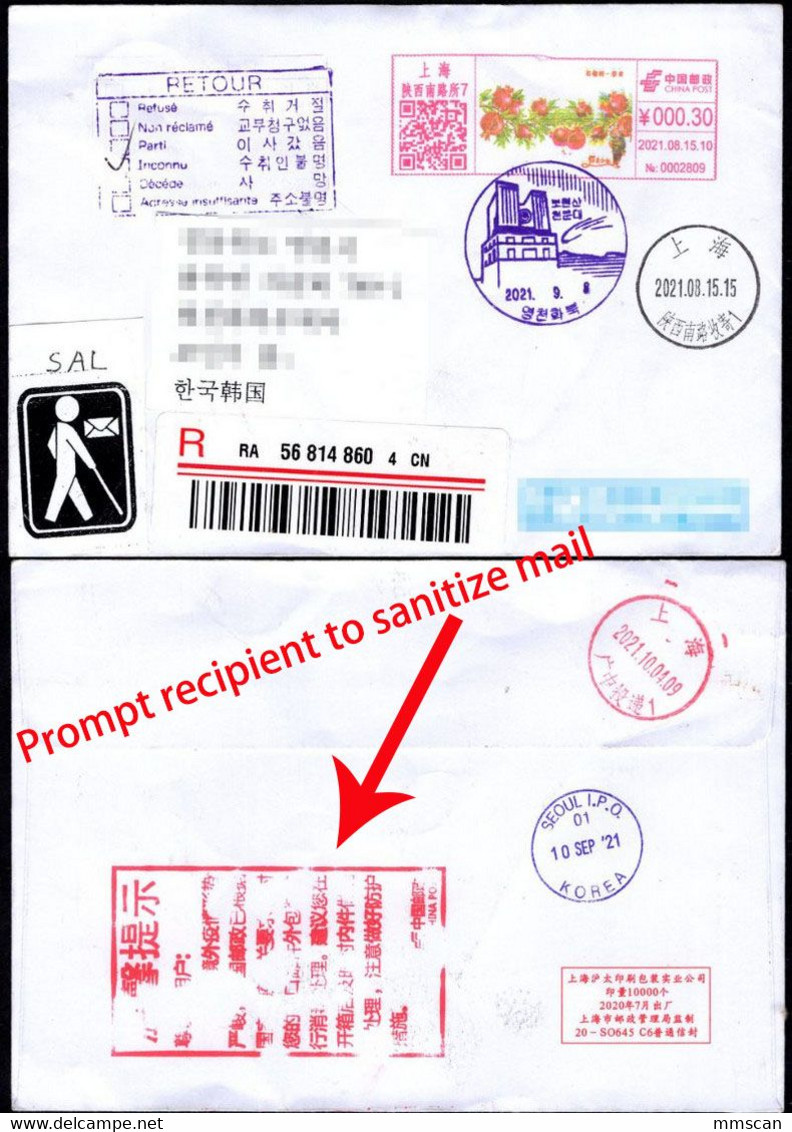 China Color Postage Meter To South Korea,Return Back,Returned  & Disinfected,COVID-19 Disinfection Reminder Chop - Maladies