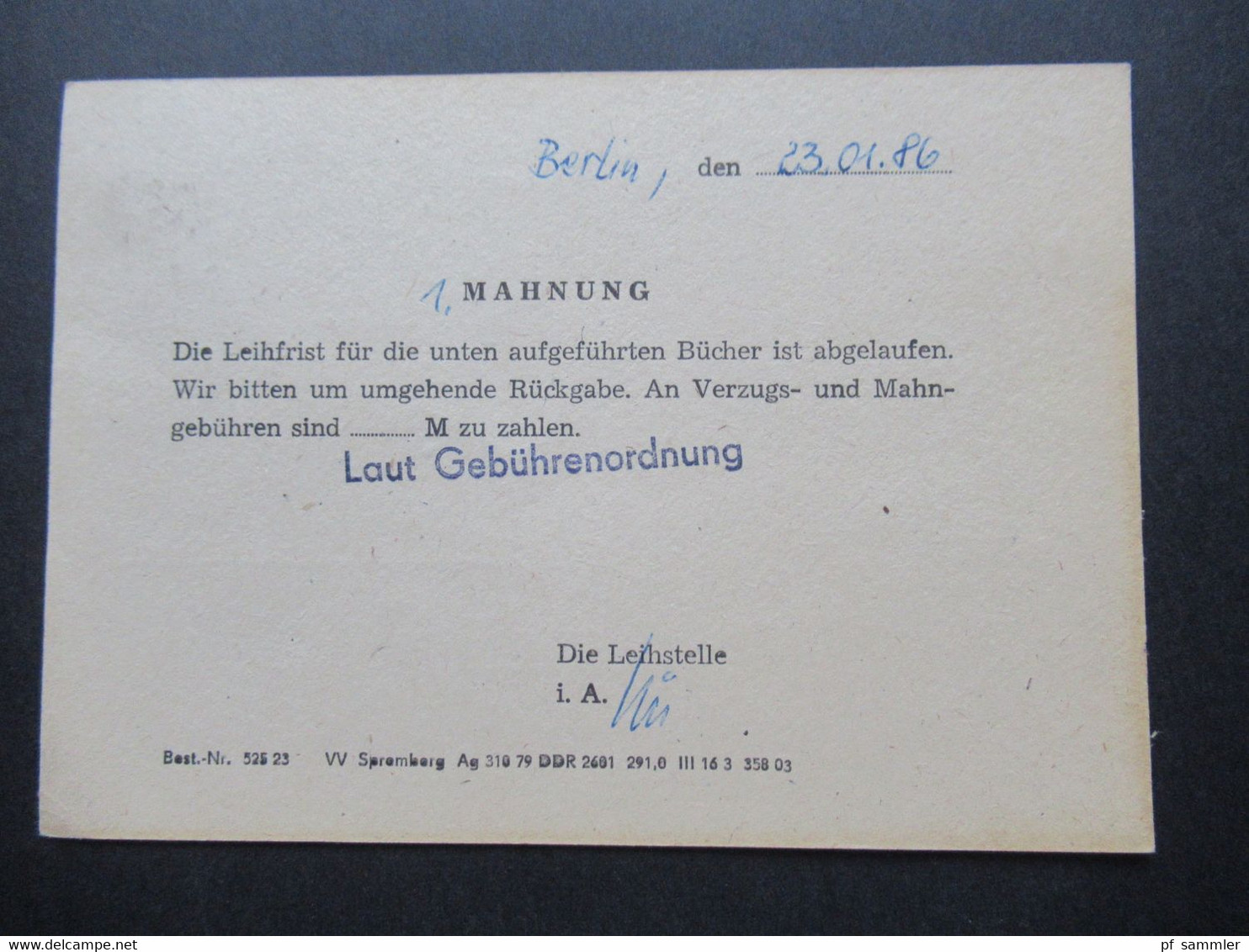 DDR 1986 PK Drucksache Gebühr Bezahlt Beim BPA 1005 Berlin 1. Mahnung / Leihfrist Berliner Ärztebibliothek - Cartas & Documentos