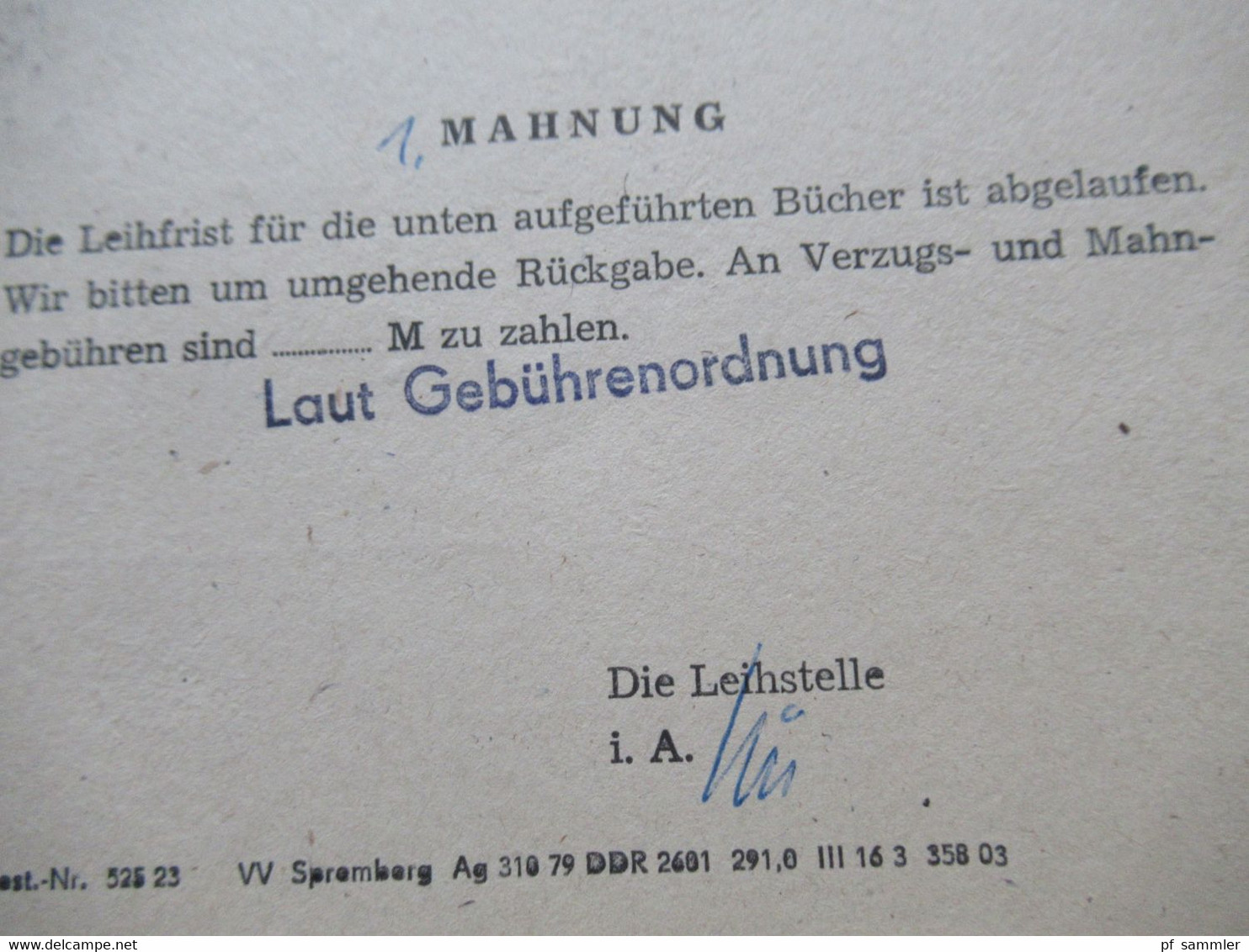 DDR 1986 PK Drucksache Gebühr Bezahlt Beim BPA 1005 Berlin 1. Mahnung / Leihfrist Berliner Ärztebibliothek - Brieven En Documenten