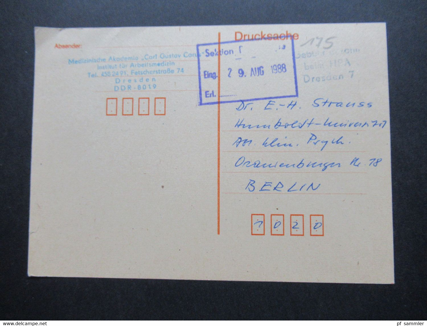 DDR 1988 Medizinische Akademie Carl Gustav Carus Drucksache Stempel Gebühr Bezahlt Beim HPA Dresden 7 Und Handschriftl. - Covers & Documents