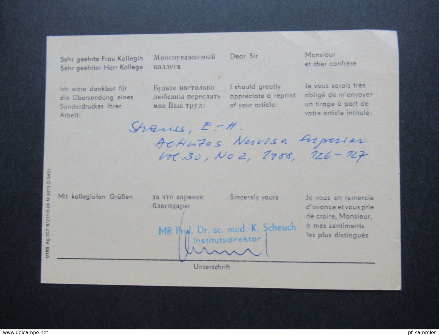 DDR 1988 Medizinische Akademie Carl Gustav Carus Drucksache Stempel Gebühr Bezahlt Beim HPA Dresden 7 Und Handschriftl. - Lettres & Documents