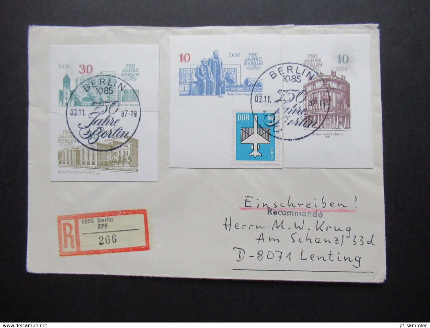 DDR 1987 Einschreiben Reko Berlin ZPF Nach Lenting Frankiert Mit Ganzsachenausschnitten Und SST Berlin 750 Jahre - Covers & Documents