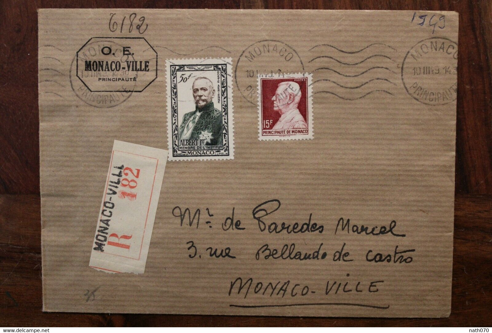 1949 Principauté De Monaco Monte Carlo Poste Aerienne Cover Reco Registered Recommandé - Brieven En Documenten