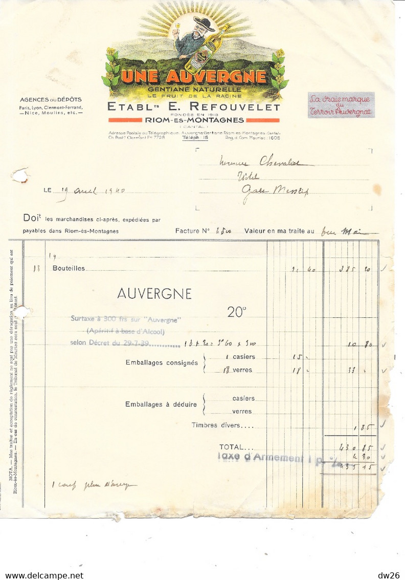 Facture Ancienne 1940 Avec Taxe D'Armement - Etablissements Refouvelet à Riom: Apéritif Une Auvergne, Gentiane Naturelle - 1900 – 1949