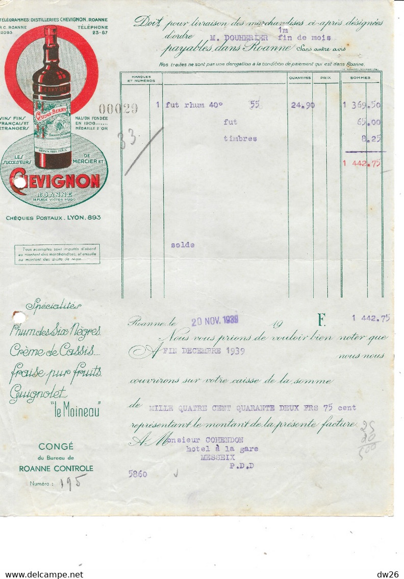 Facture Ancienne De 1939 Avec Lettres De Change - Distillerie Chevignon à Roanne (Loire) Vins Fins, Quina Berry - 1900 – 1949