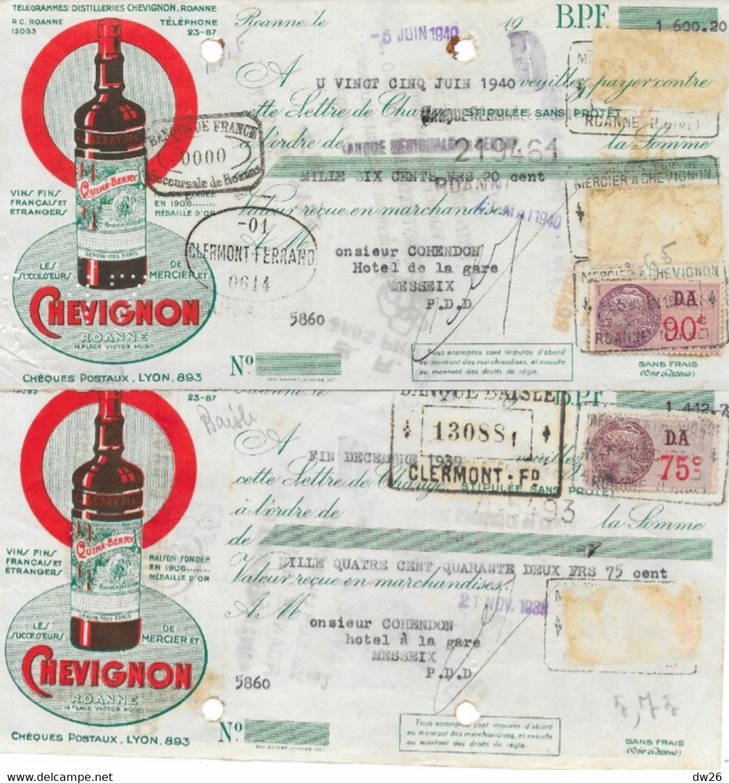 Facture Ancienne De 1939 Avec Lettres De Change - Distillerie Chevignon à Roanne (Loire) Vins Fins, Quina Berry - 1900 – 1949