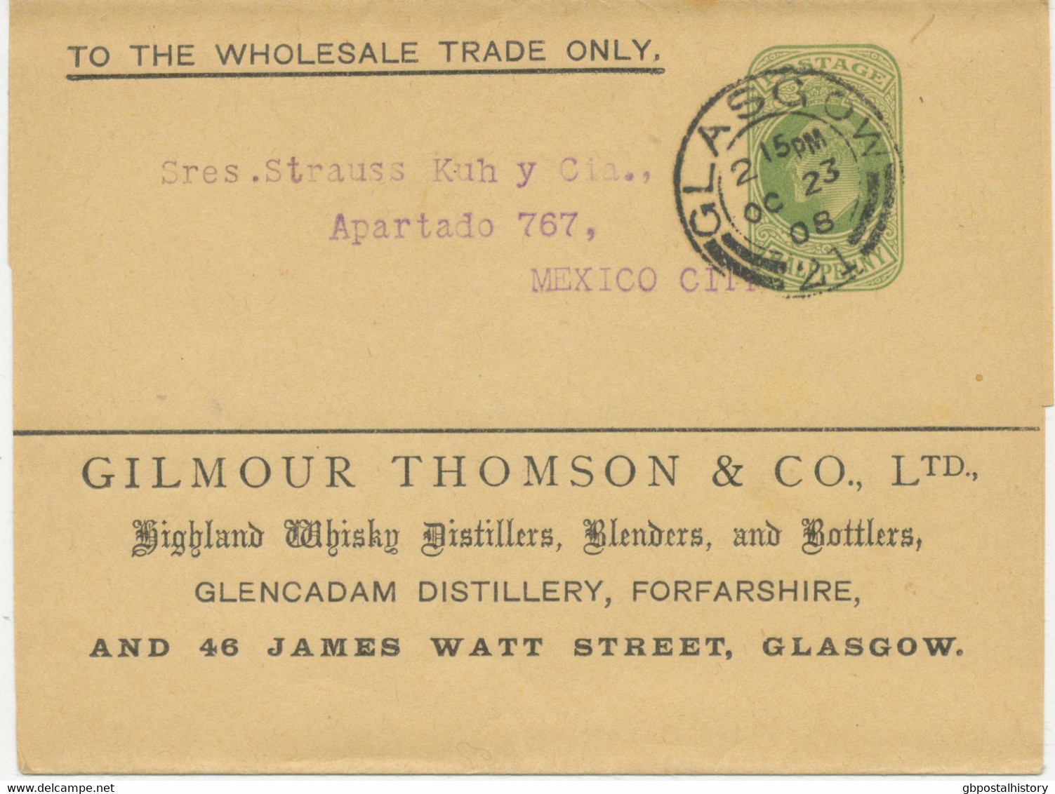 GB „GLASGOW / 21“ SCOTTISH DOUBLE CIRCLES (DOUBLE ARC TYPES 28mm) Superb EVII ½d ADVERTISING Wrapper To MEXICO - Briefe U. Dokumente