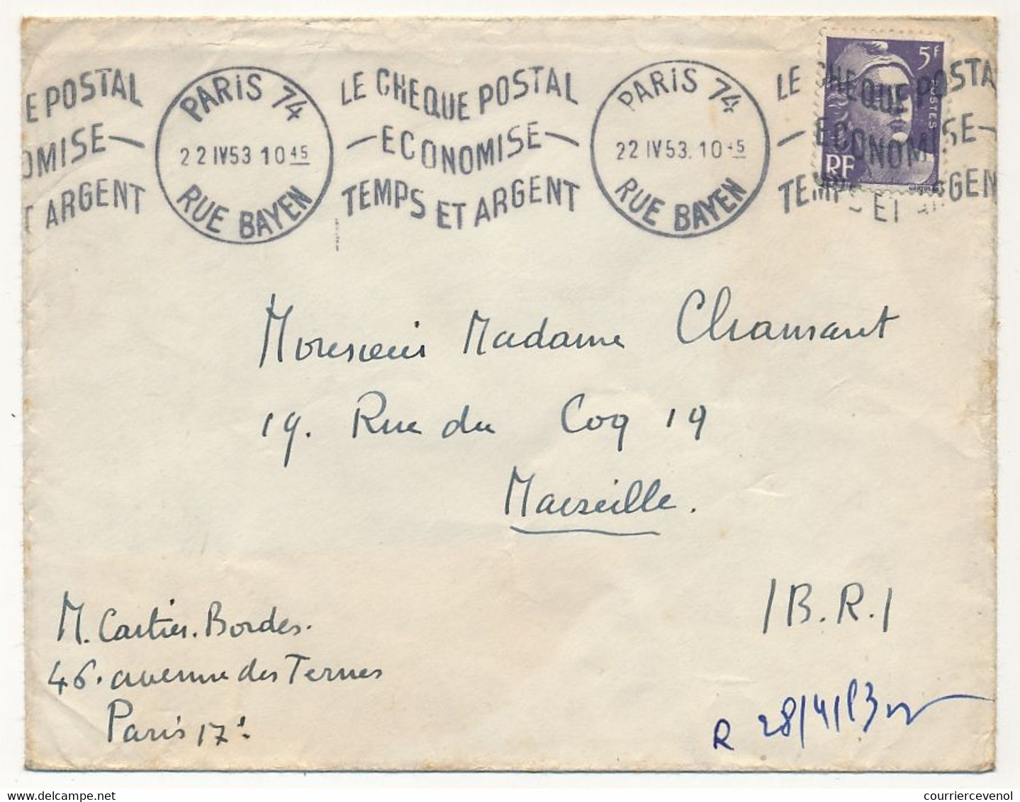 FRANCE - Env Affr. 3F Gandon - OMEC "Le Chèque Postal économise Temps Et Argent" - Paris 74 Rue Bayen 1953 - Maschinenstempel (Werbestempel)